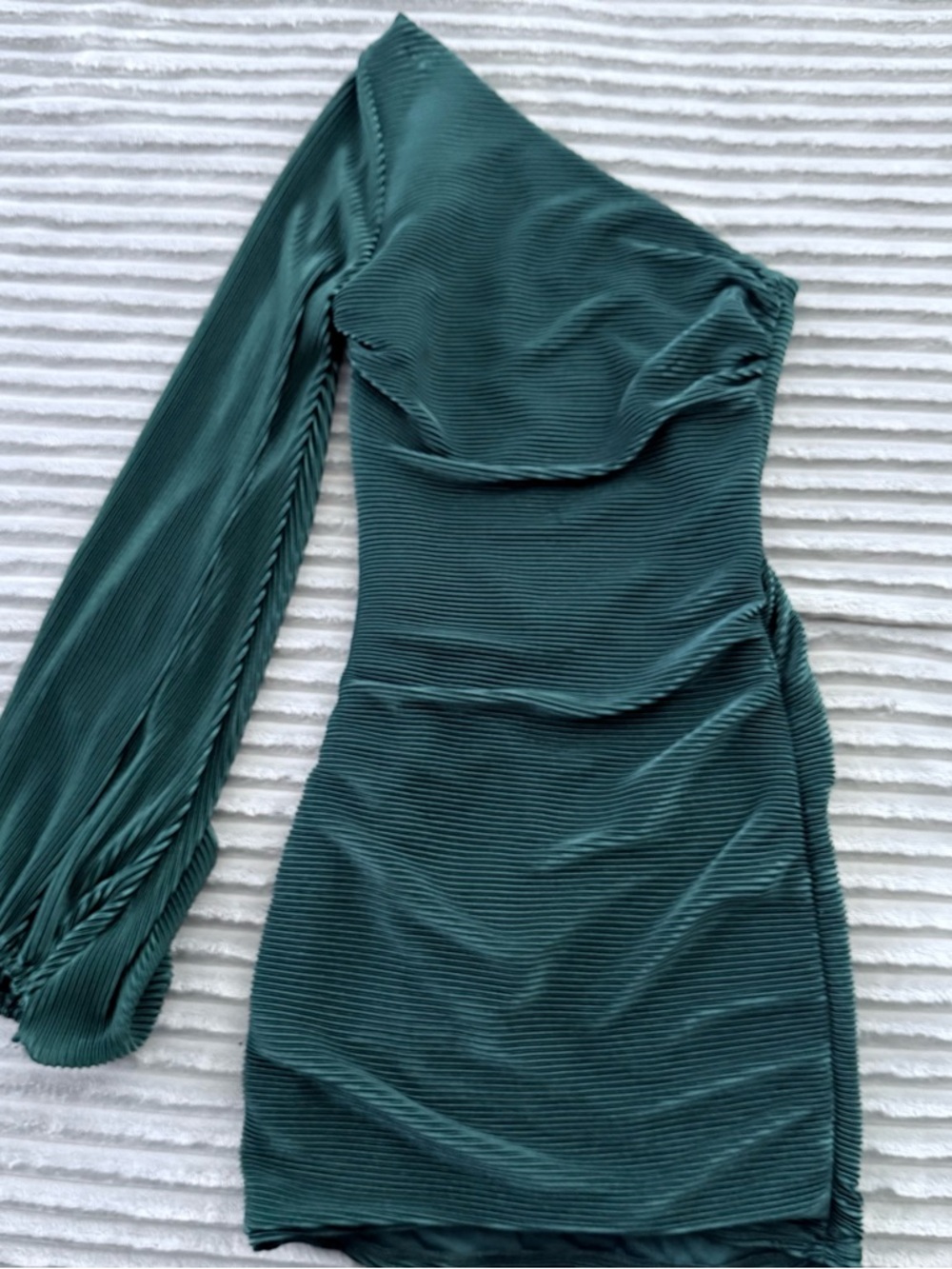 Lucy in the Sky One-Shoulder Hunter Green Ruched Mini Dress